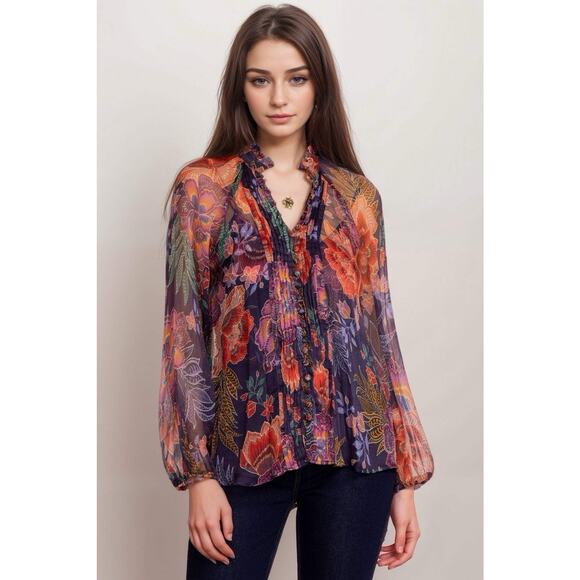 Johnny Was Tops - Johnny Was Jade Octavia Floral Silk Blouse Womens Large Oriental Semi Sheer
